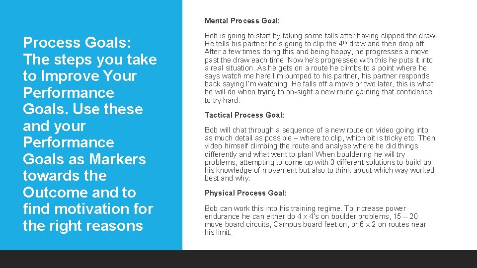 Mental Process Goal: Process Goals: The steps you take to Improve Your Performance Goals.