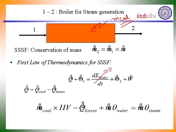 1 – 2 : Boiler for Steam generation 1 SSSF: Conservation of mass •