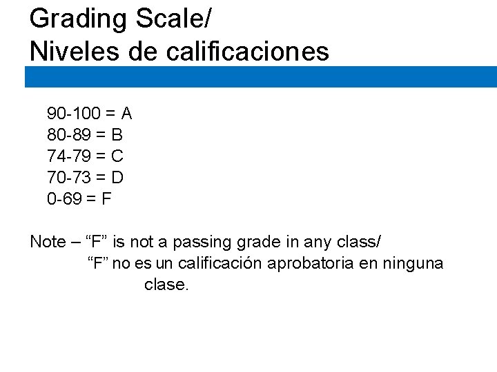 Grading Scale/ Niveles de calificaciones 90 -100 = A 80 -89 = B 74 Grading Scale/ Niveles de calificaciones 90 -100 = A 80 -89 = B 74