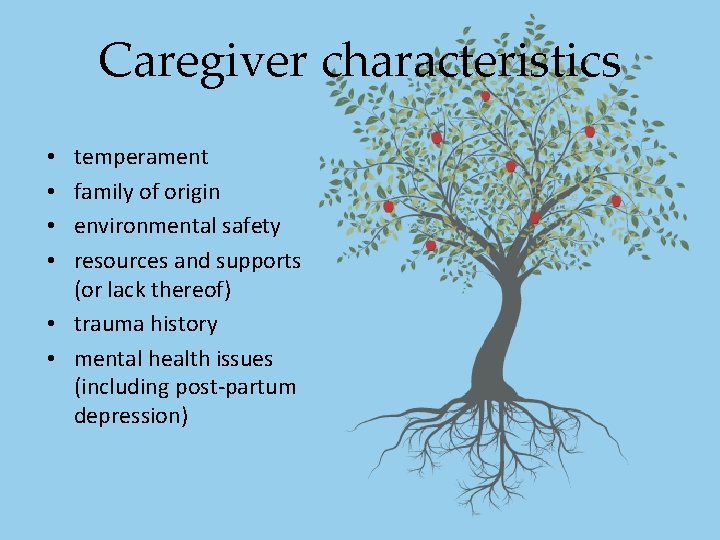 Caregiver characteristics temperament family of origin environmental safety resources and supports (or lack thereof) Caregiver characteristics temperament family of origin environmental safety resources and supports (or lack thereof)