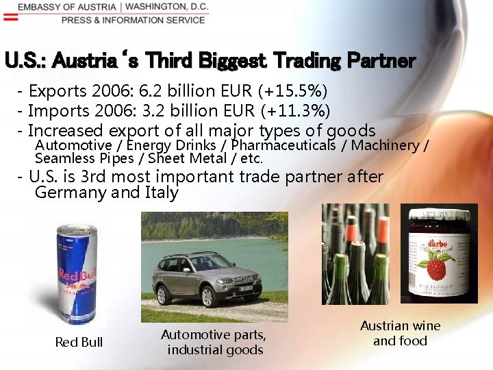 U. S. : Austria‘s Third Biggest Trading Partner - Exports 2006: 6. 2 billion