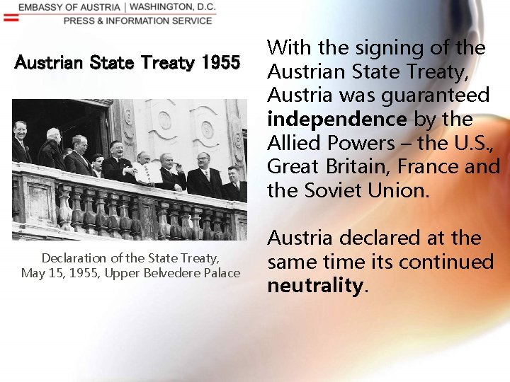 Austrian State Treaty 1955 Declaration of the State Treaty, May 15, 1955, Upper Belvedere