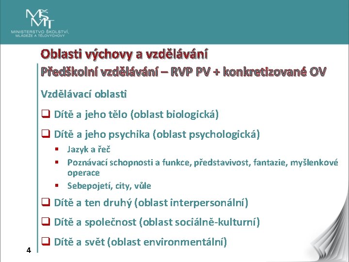 Oblasti výchovy a vzdělávání Předškolní vzdělávání – RVP PV + konkretizované OV Vzdělávací oblasti