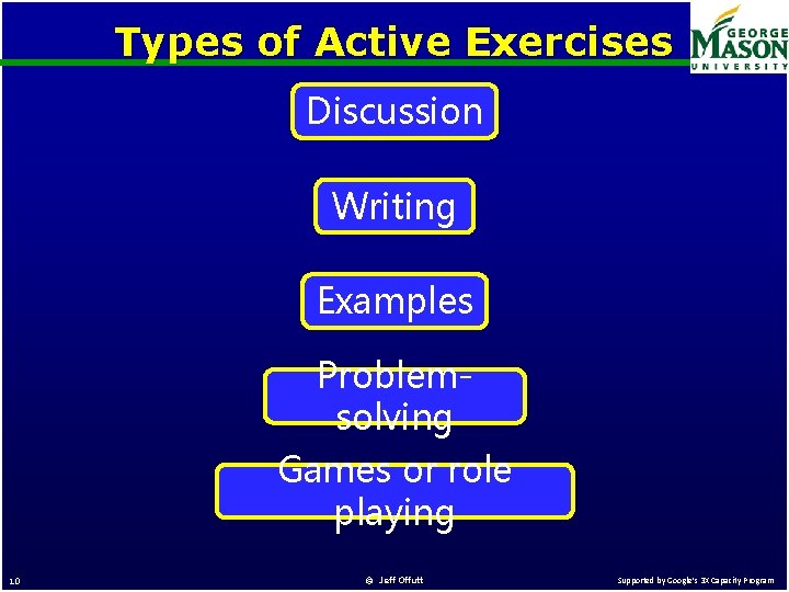 Types of Active Exercises Discussion Writing Examples Problemsolving Games or role playing 10 ©