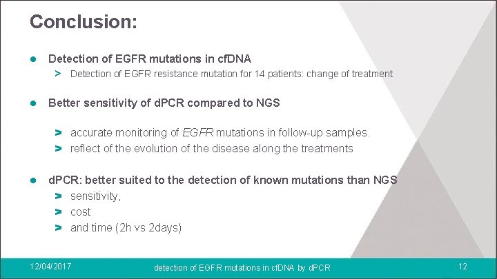 Conclusion: l Detection of EGFR mutations in cf. DNA > Detection of EGFR resistance