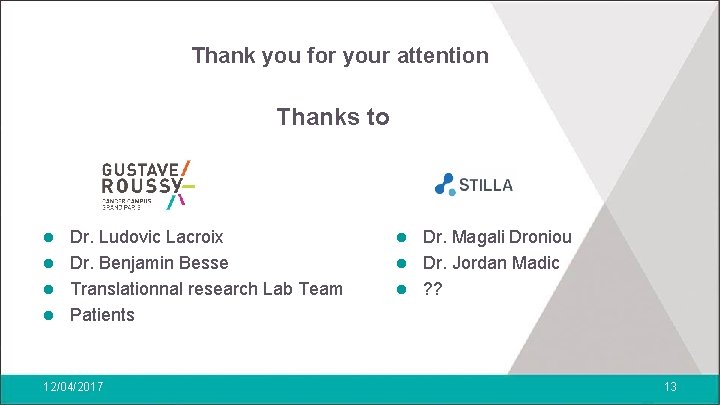 Thank you for your attention Thanks to Dr. Ludovic Lacroix l Dr. Benjamin Besse