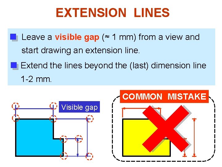 EXTENSION LINES Leave a visible gap (≈ 1 mm) from a view and start