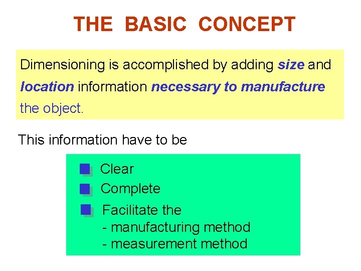 THE BASIC CONCEPT Dimensioning is accomplished by adding size and location information necessary to