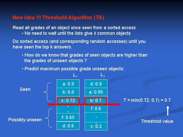 New Idea !!! Threshold Algorithm (TA) Read all grades of an object once seen