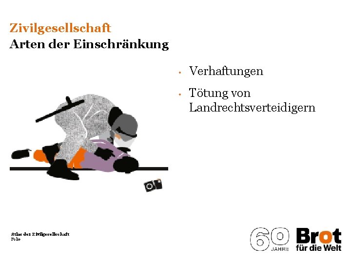 Zivilgesellschaft Arten der Einschränkung • • Atlas der Zivilgesellschaft Folie Verhaftungen Tötung von Landrechtsverteidigern