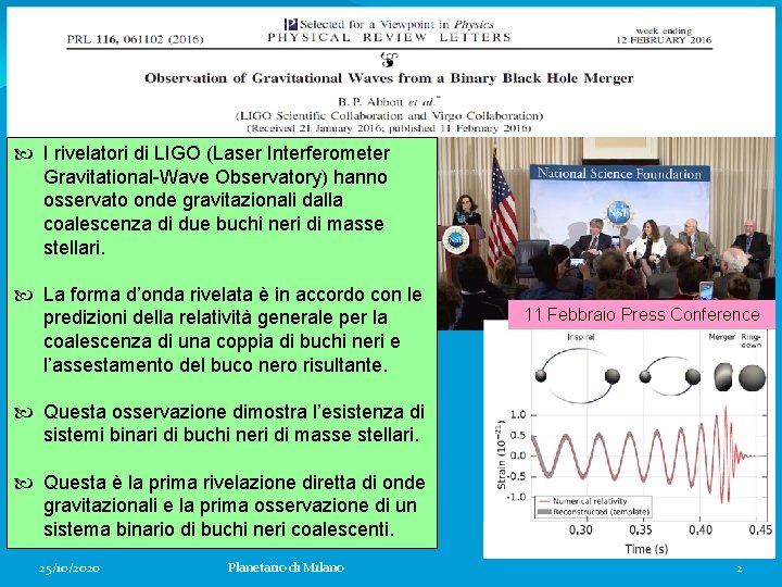  I rivelatori di LIGO (Laser Interferometer Gravitational-Wave Observatory) hanno osservato onde gravitazionali dalla