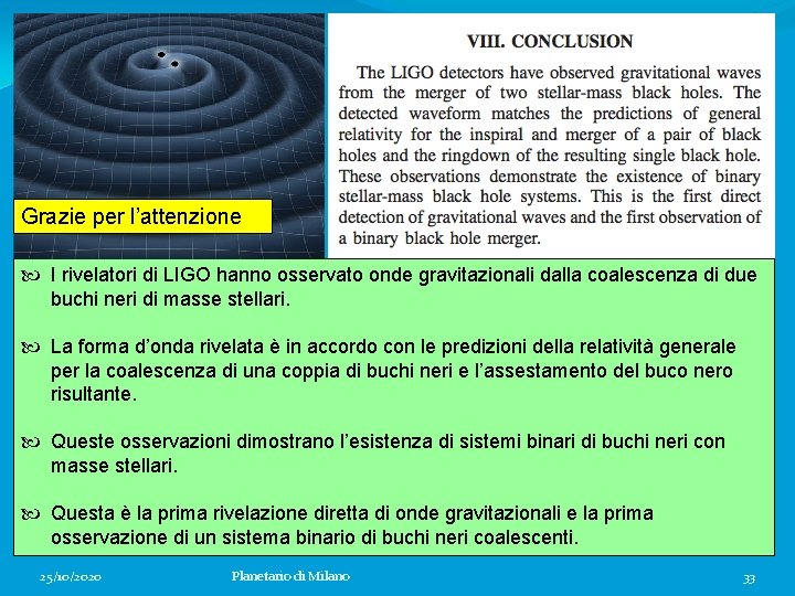 Grazie per l’attenzione I rivelatori di LIGO hanno osservato onde gravitazionali dalla coalescenza di