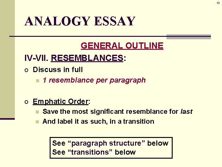 10 ANALOGY ESSAY GENERAL OUTLINE IV-VII. RESEMBLANCES: o Discuss in full n 1 resemblance