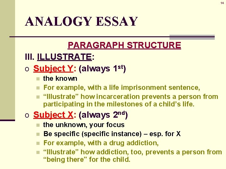 14 ANALOGY ESSAY PARAGRAPH STRUCTURE III. ILLUSTRATE: o Subject Y: (always 1 st) n