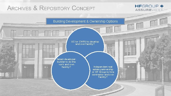 Options Building Development & Ownership Options UCI or CWRU to develop and own facility?