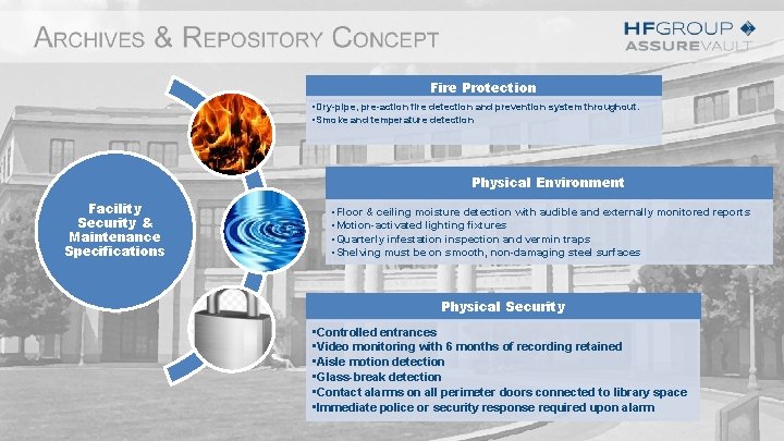 Fire Protection • Dry-pipe, pre-action fire detection and prevention system throughout. • Smoke and