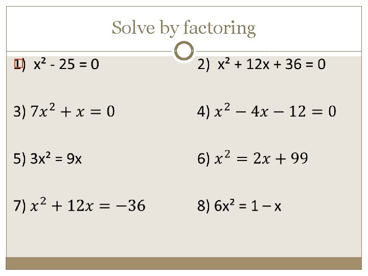 Solve by factoring � 