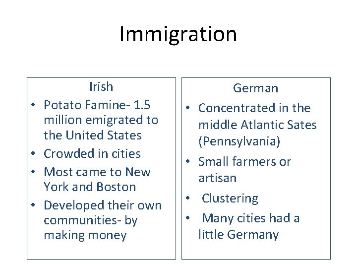 Immigration • • Irish Potato Famine- 1. 5 million emigrated to the United States