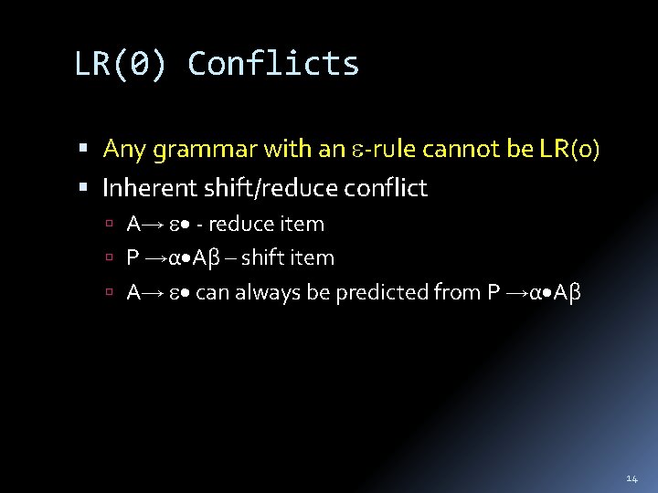 LR(0) Conflicts Any grammar with an -rule cannot be LR(0) Inherent shift/reduce conflict A