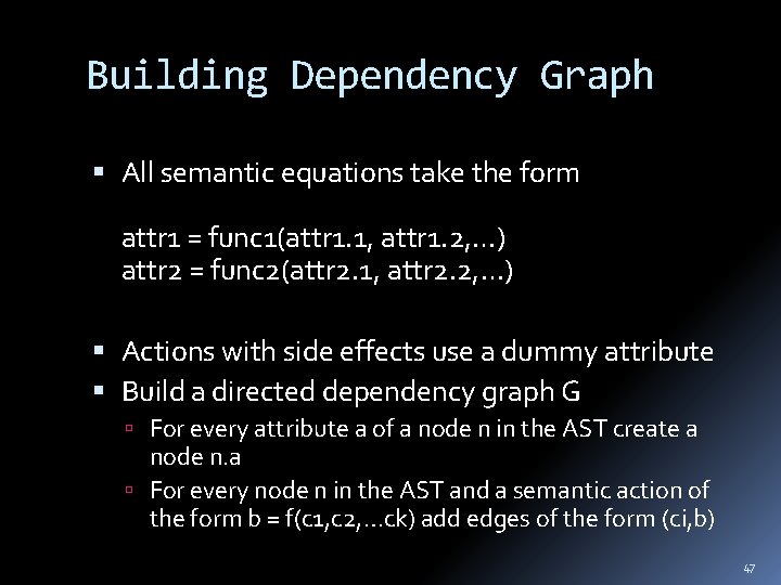 Building Dependency Graph All semantic equations take the form attr 1 = func 1(attr