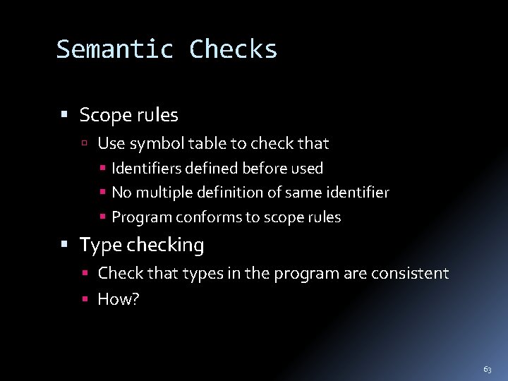 Semantic Checks Scope rules Use symbol table to check that Identifiers defined before used