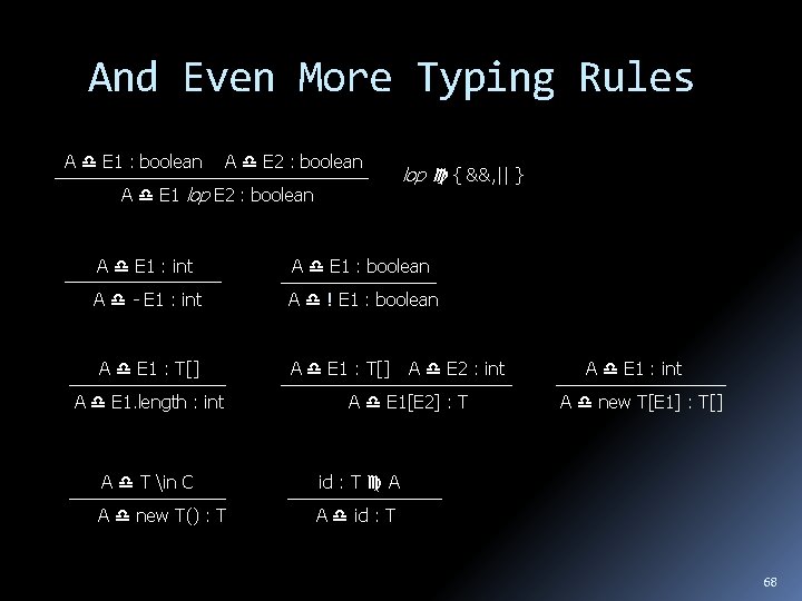 And Even More Typing Rules A E 1 : boolean A E 2 :