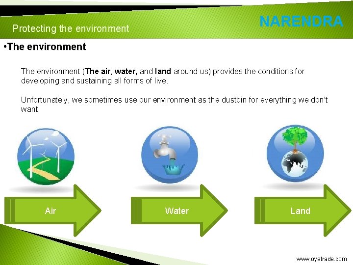 Protecting the environment • The environment (The air, water, and land around us) provides