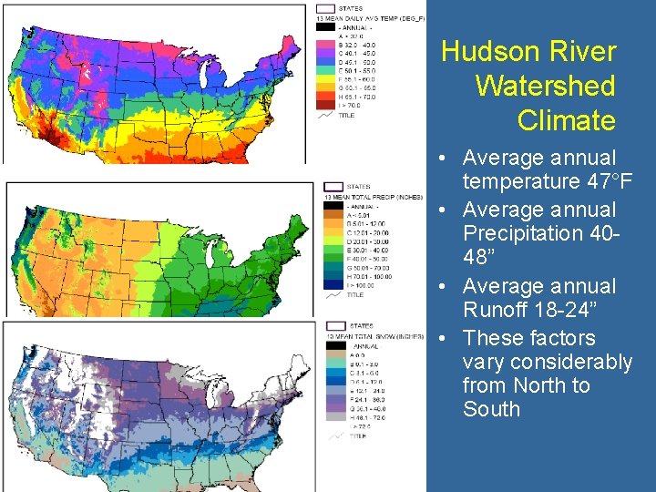 Hudson River Watershed Climate • Average annual temperature 47°F • Average annual Precipitation 4048”