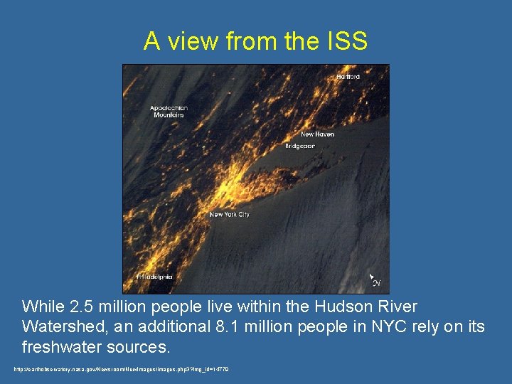 A view from the ISS While 2. 5 million people live within the Hudson