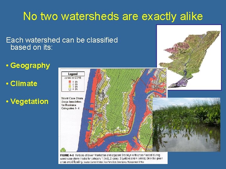No two watersheds are exactly alike Each watershed can be classified based on its: