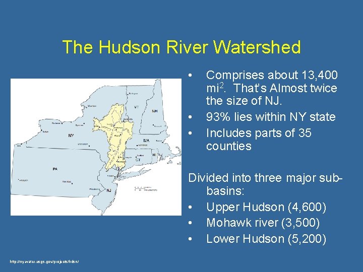 The Hudson River Watershed • • • Comprises about 13, 400 mi 2. That’s