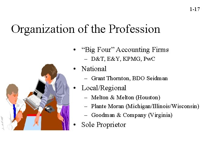 1 -17 Organization of the Profession • “Big Four” Accounting Firms – D&T, E&Y,
