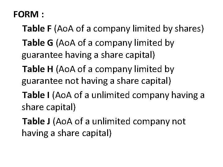 FORM : Table F (Ao. A of a company limited by shares) Table G