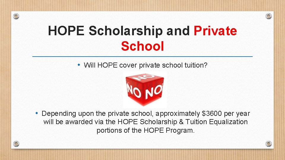 HOPE Scholarship and Private School • Will HOPE cover private school tuition? • Depending
