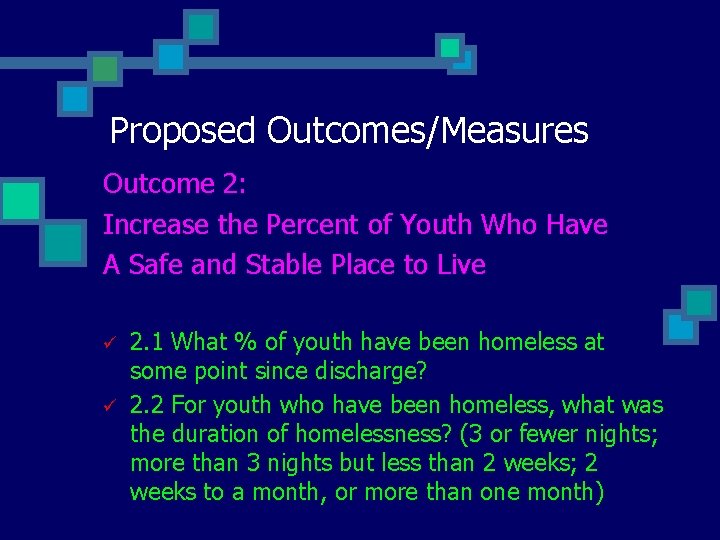 Proposed Outcomes/Measures Outcome 2: Increase the Percent of Youth Who Have A Safe and Proposed Outcomes/Measures Outcome 2: Increase the Percent of Youth Who Have A Safe and