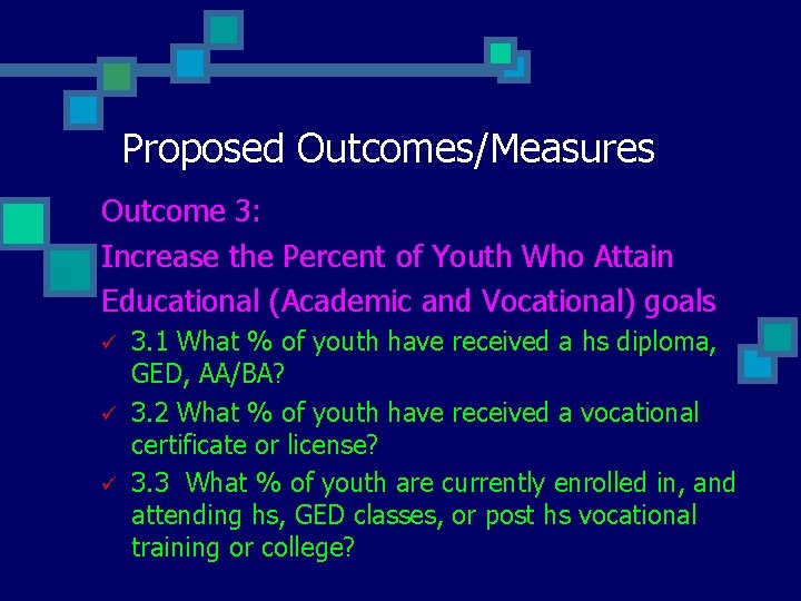 Proposed Outcomes/Measures Outcome 3: Increase the Percent of Youth Who Attain Educational (Academic and