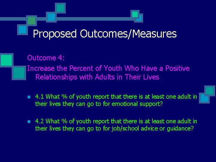 Proposed Outcomes/Measures Outcome 4: Increase the Percent of Youth Who Have a Positive Relationships