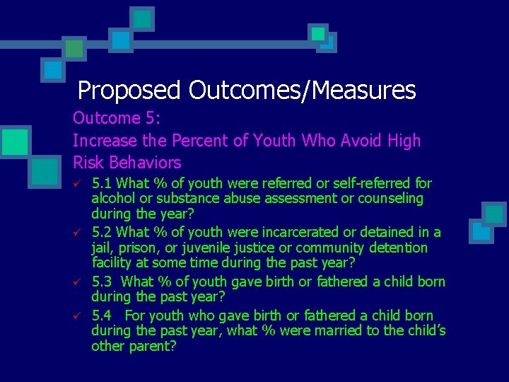 Proposed Outcomes/Measures Outcome 5: Increase the Percent of Youth Who Avoid High Risk Behaviors