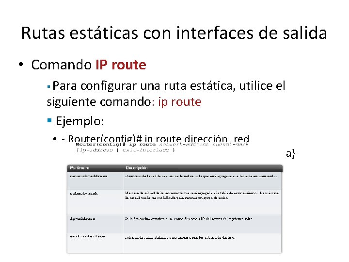 Rutas estáticas con interfaces de salida • Comando IP route § Para configurar una