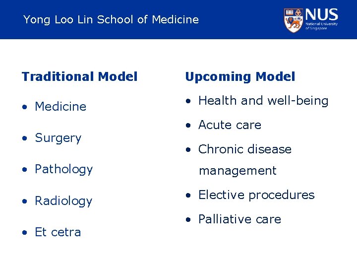 Yong Loo Lin School of Medicine Traditional Model Upcoming Model • Medicine • Health