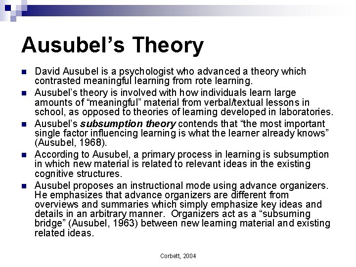Psychology Subsumption Theory Advance Organizer David Ausubel