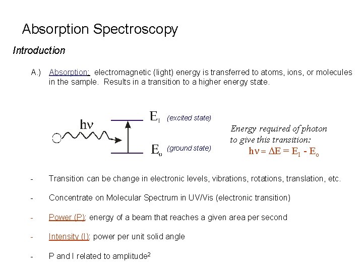 Absorption Spectroscopy Introduction A. ) Absorption: electromagnetic (light) energy is transferred to atoms, ions,