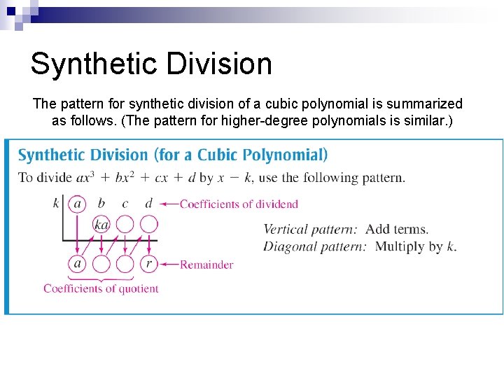 Synthetic Division The pattern for synthetic division of a cubic polynomial is summarized as
