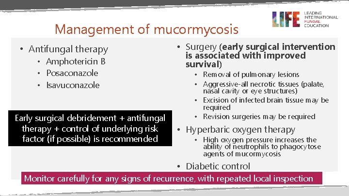 Management of mucormycosis • Antifungal therapy • Amphotericin B • Posaconazole • Isavuconazole Early
