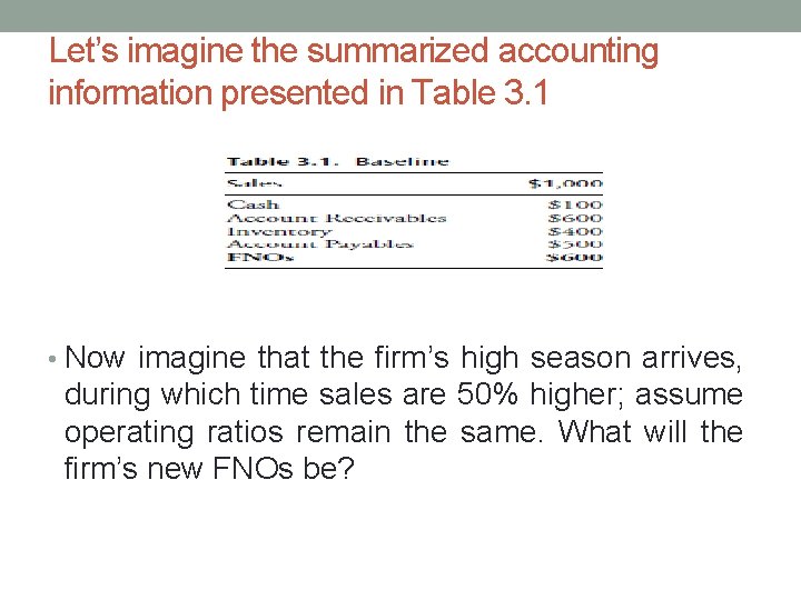 Let’s imagine the summarized accounting information presented in Table 3. 1 • Now imagine