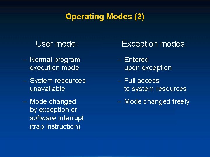 Operating Modes (2) User mode: Exception modes: – Normal program execution mode – Entered