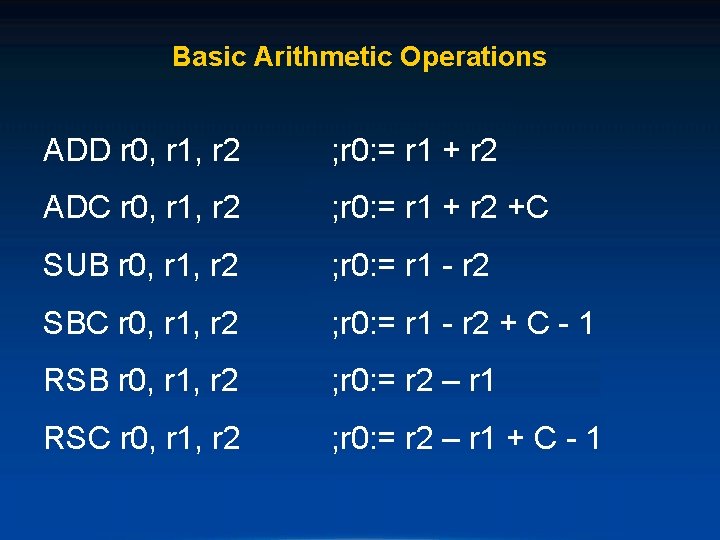 Basic Arithmetic Operations ADD r 0, r 1, r 2 ; r 0: =