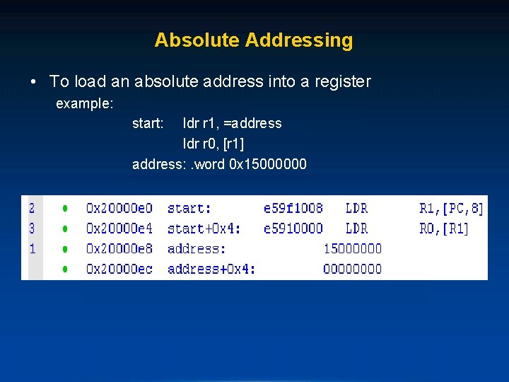 Absolute Addressing • To load an absolute address into a register example: start: ldr