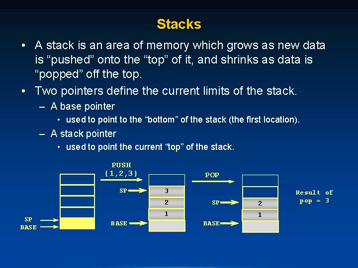Stacks • A stack is an area of memory which grows as new data