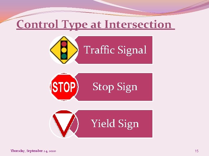 Control Type at Intersection Traffic Signal Stop Sign Yield Sign Thursday, September 24, 2020